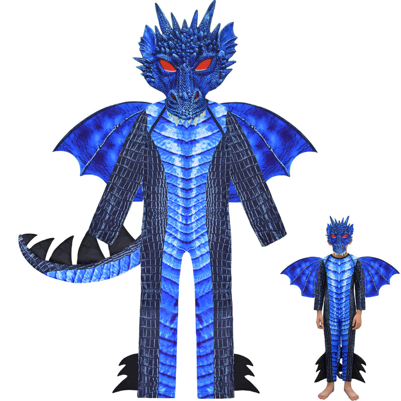 Child wearing blue dragon costume with scale-printed jumpsuit, horned mask and fabric wings