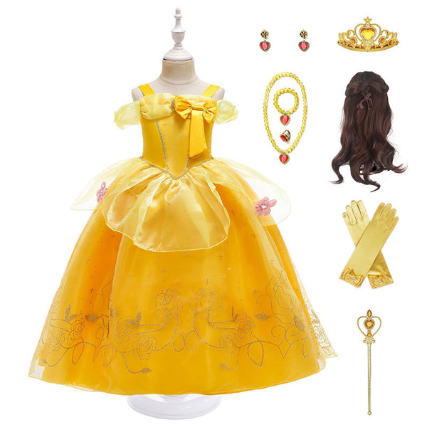 Kids golden yellow princess ball gown costume with embroidered rose overlay and satin bow