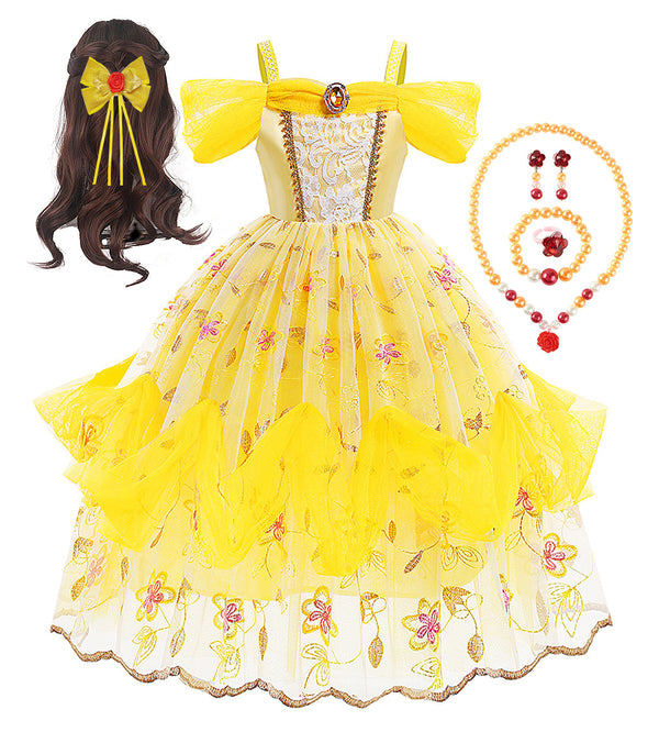 Kids Belle princess costume with yellow ball gown and embroidered skirt