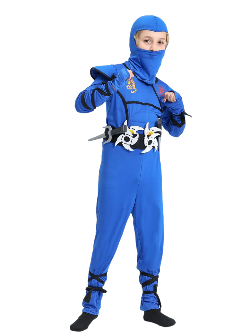 Kids blue ninja costume with dragon emblem and face mask, full jumpsuit view