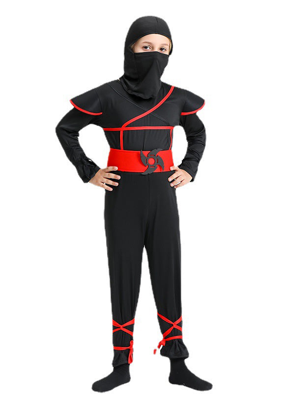 Kids black ninja costume with red belt and shoulder cape - full front view