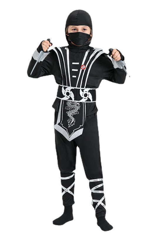 Kids black ninja warrior costume with silver dragon emblem and weapon props