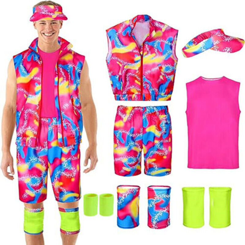 Men's 80s aerobics instructor costume with neon vest, shorts and bucket hat