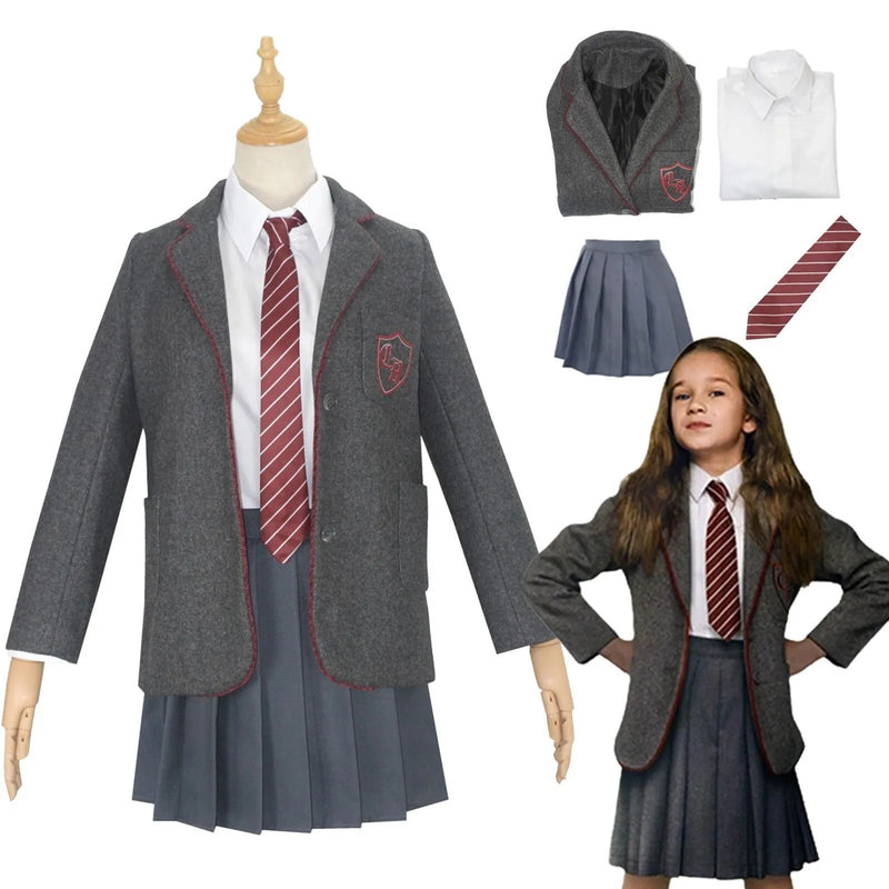 Kids grey school blazer costume with burgundy piping and shield crest for Book Week