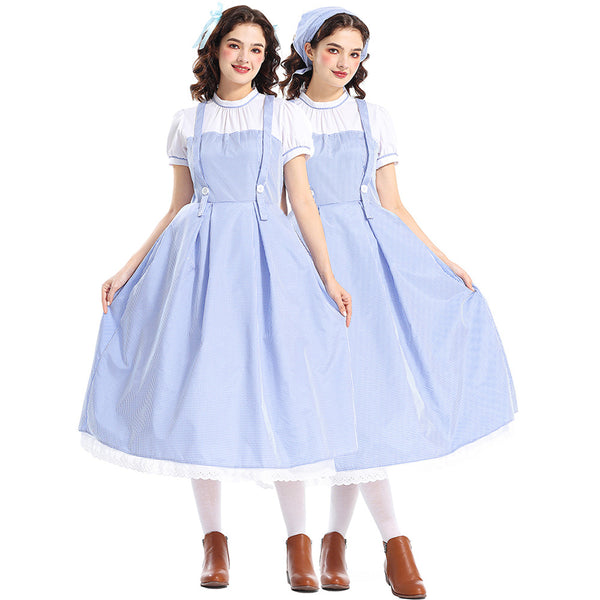 Women wearing blue gingham pinafore dress with white blouse and twin braids for Book Week