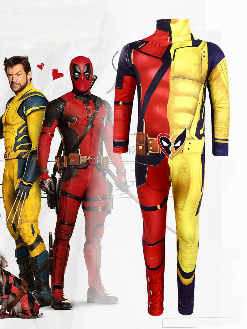 Kids wearing red and yellow split superhero mashup jumpsuit front view