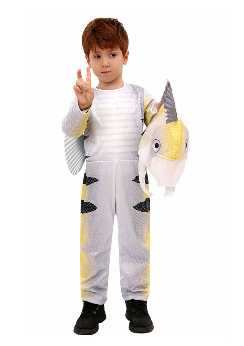 Child wearing tropical fish costume with yellow and black stripes, 3D fins, and fish headpiece