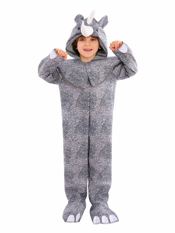 Kids grey rhino costume jumpsuit with white horn and hooded headpiece