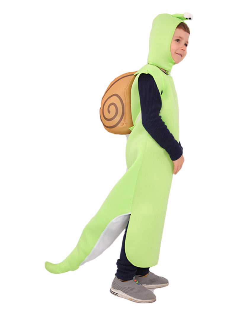 Child wearing lime green snail costume with brown spiral shell backpack and antennae hood