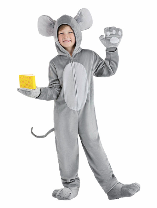 Child wearing grey mouse costume with hood ears and tail