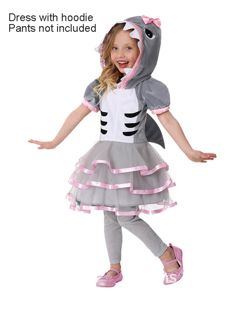 Kids grey shark costume dress with character hoodie, teeth detail and pink tutu skirt