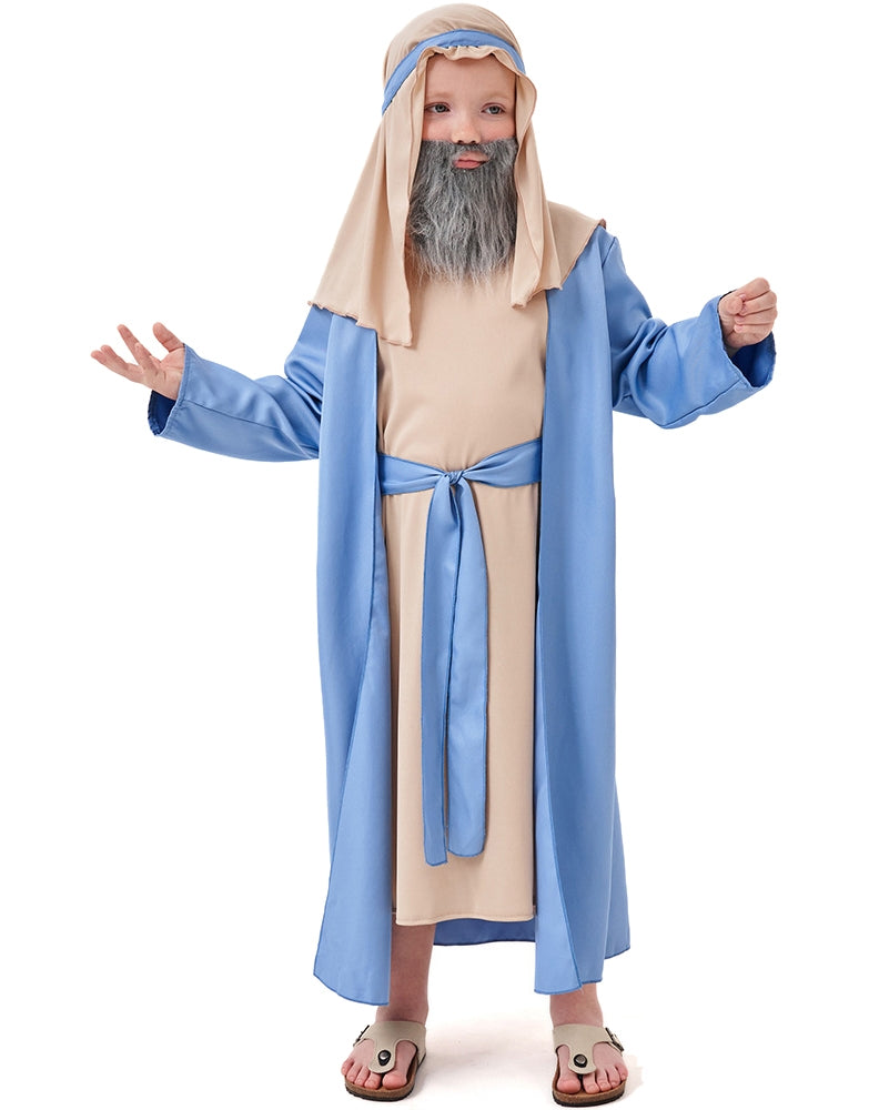 Child wearing blue and beige wise man costume with grey beard and headpiece
