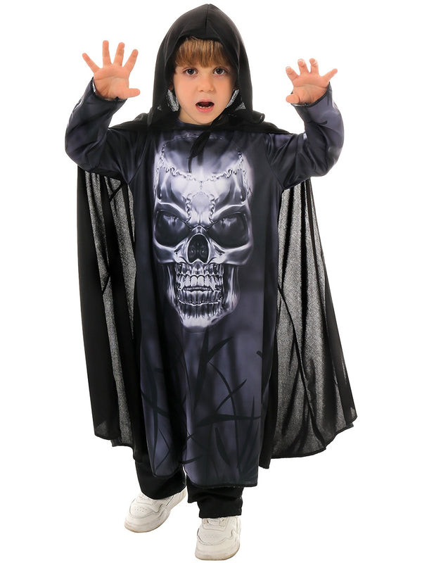 Kids Grim Reaper costume with black hooded cape and skull-print robe