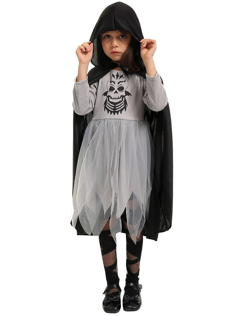 Girl wearing grey Grim Reaper dress with black skull graphic and hooded cape