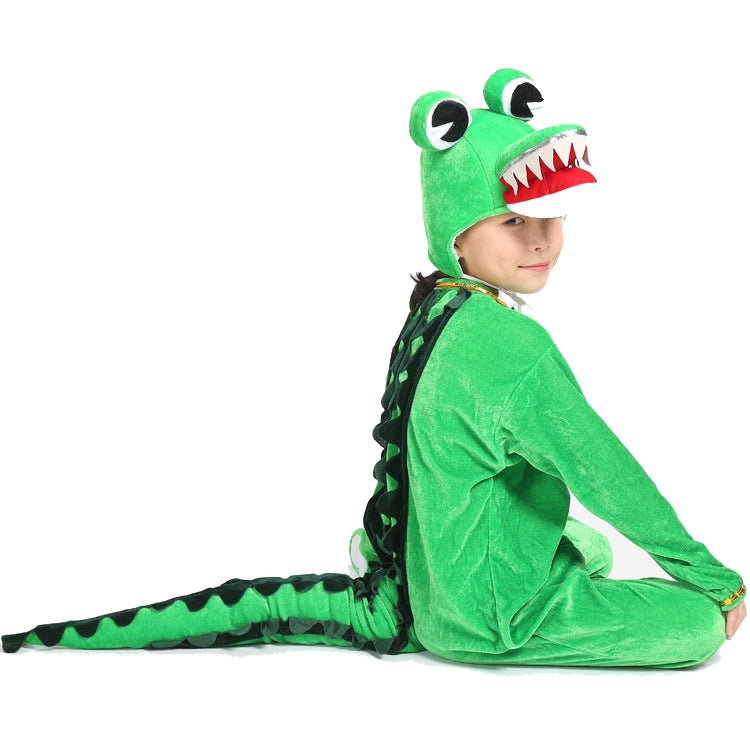 Kids bright green crocodile costume jumpsuit with spiky tail and 3D eyes