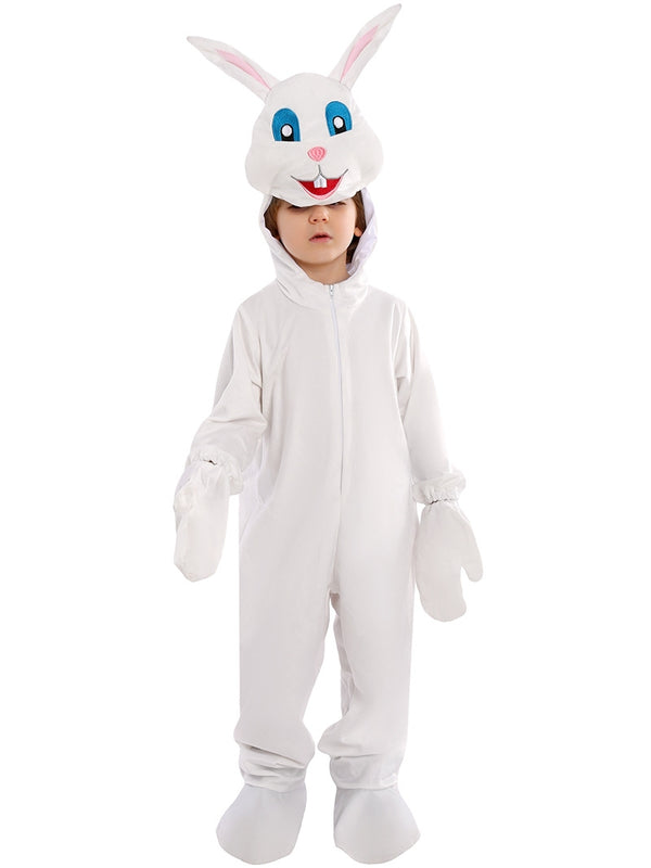 Kids white cartoon rabbit costume with oversized hood and blue eyes