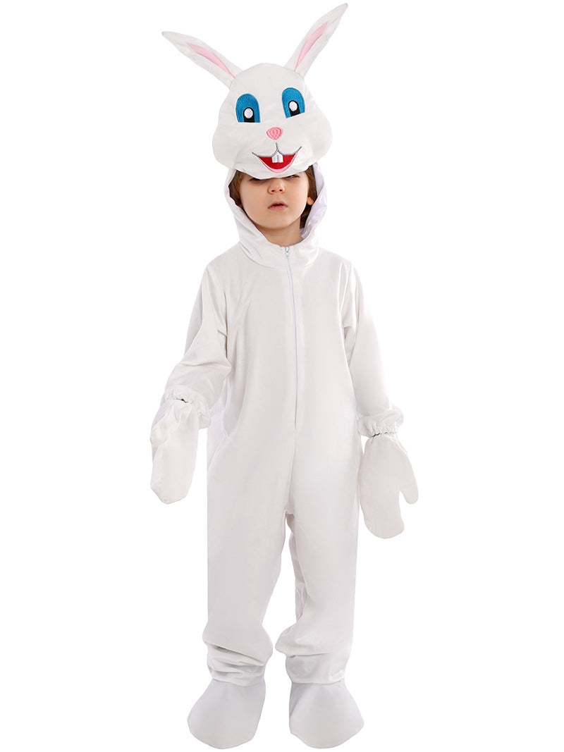 Kids white cartoon rabbit costume with oversized hood and blue eyes