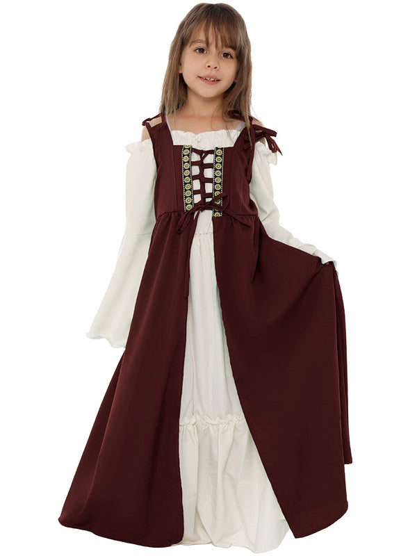 Kids medieval maiden costume with burgundy overdress and white chemise