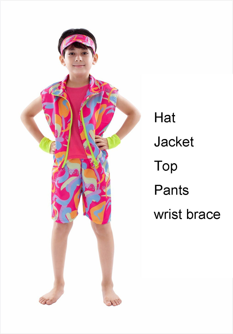 Kids 80s roller disco costume with neon pink jacket and geometric swirl print