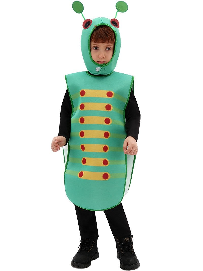 Kids caterpillar costume with teal tunic, yellow bands, and bobble antenna hood