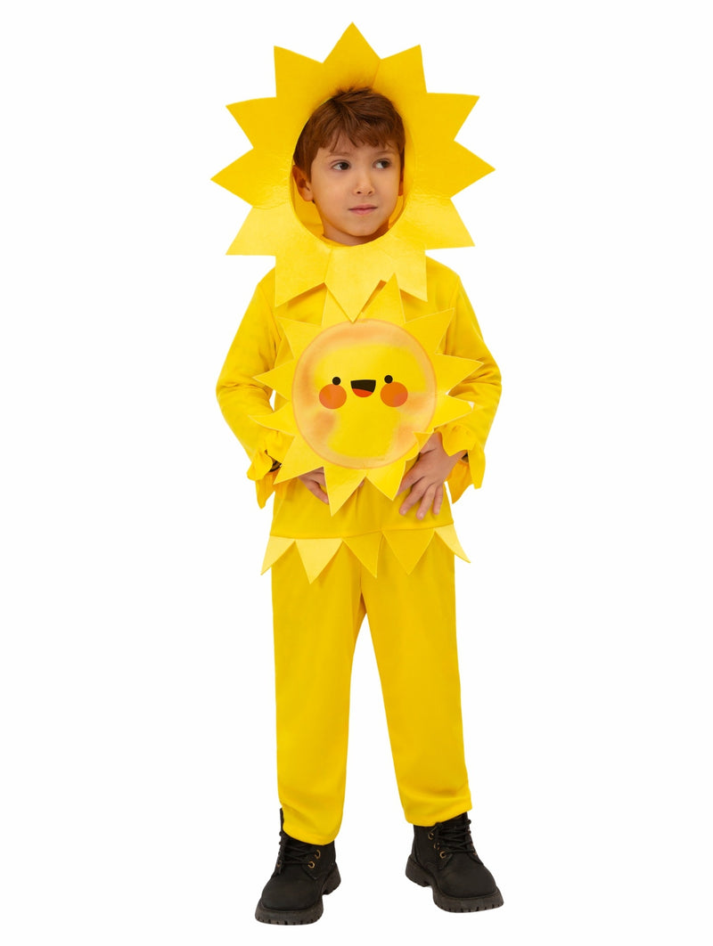 Kids sun costume with bright yellow jumpsuit and dimensional sunburst hood