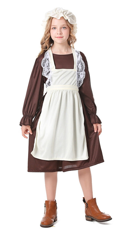 Girls colonial costume with brown dress, cream apron and bonnet front view