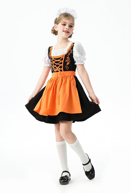 Girls orange and black Bavarian dirndl costume dress with white puff sleeves and headband