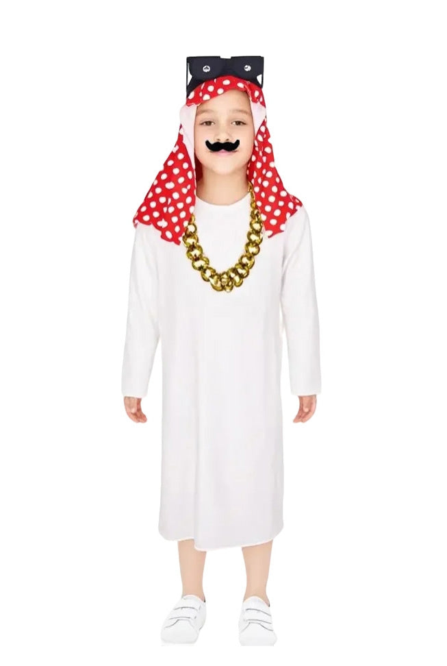 Kids desert prince costume with white tunic and red polka dot headwear