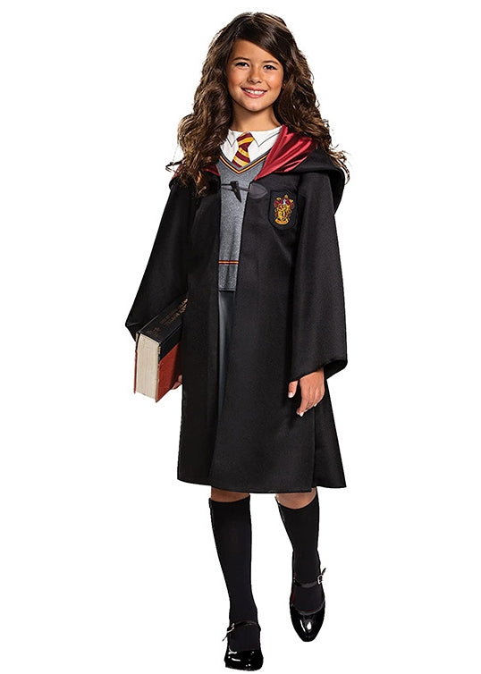 Girls wizard school costume with black hooded robe, grey top and skirt