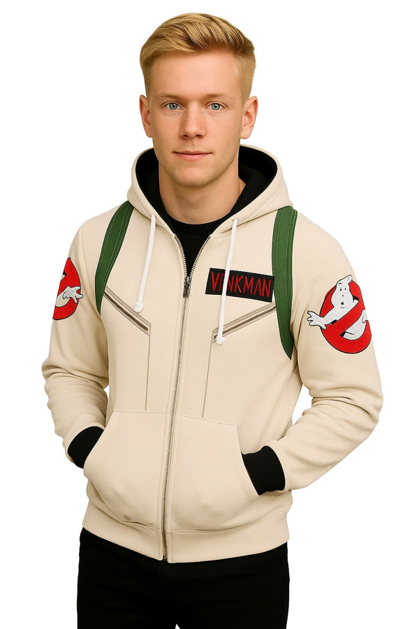 Kids tan ghost hunter hoodie with printed proton pack on back and logo patches on sleeves