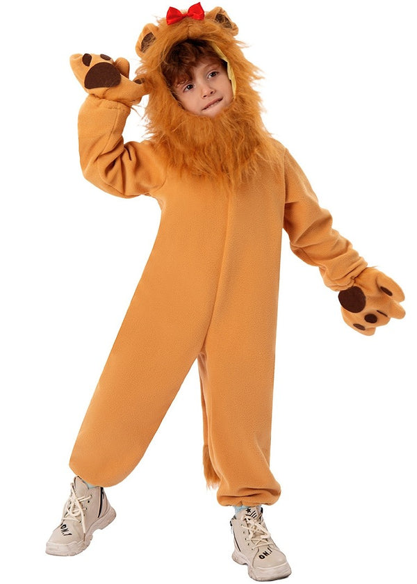 Child wearing full-body lion costume with plush mane and paw gloves