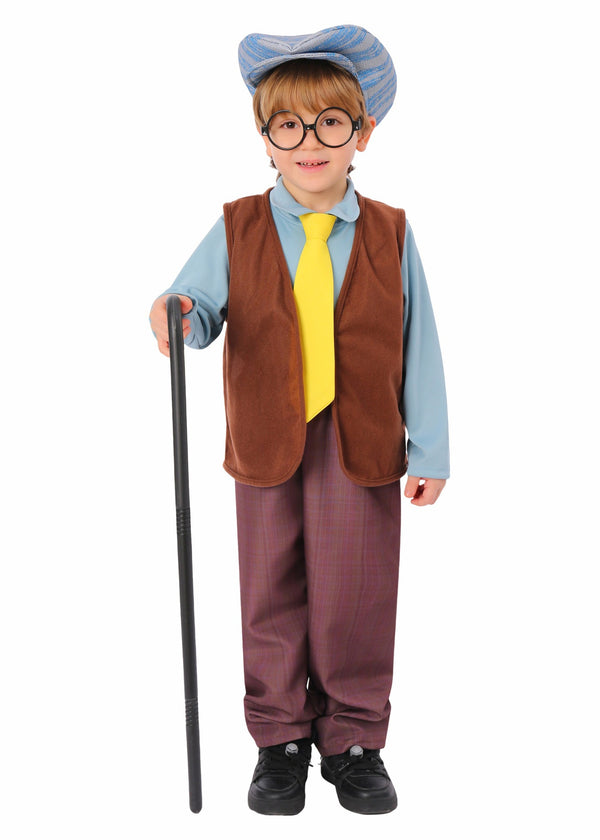 Kids old man costume with blue shirt, brown vest, flat cap, glasses and walking stick for 100 Days of School