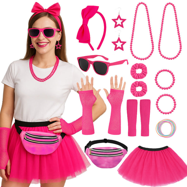 Hot pink tutu skirt with fishnet gloves and neon accessories for 80s costume