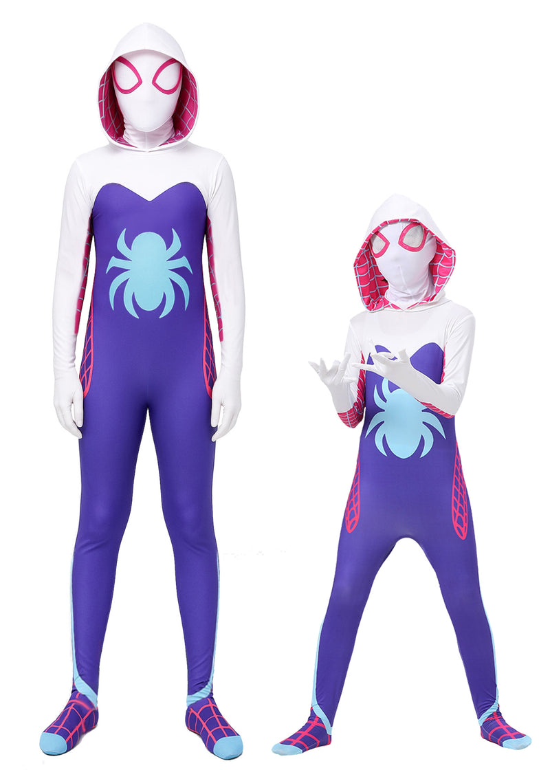 Kids pink and purple spider hero costume full body jumpsuit front view