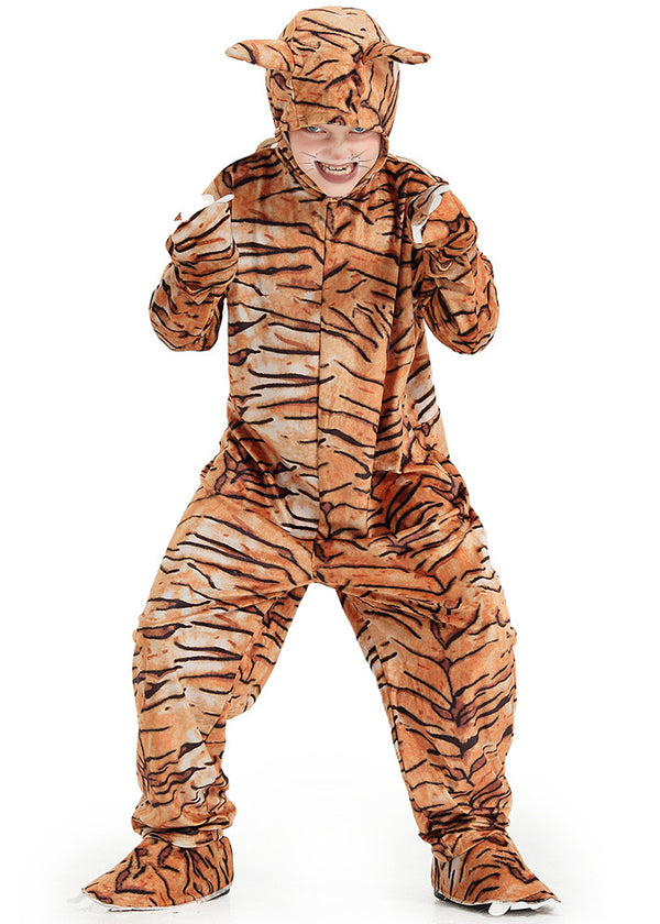 Child wearing orange and black striped tiger costume with headpiece and tail