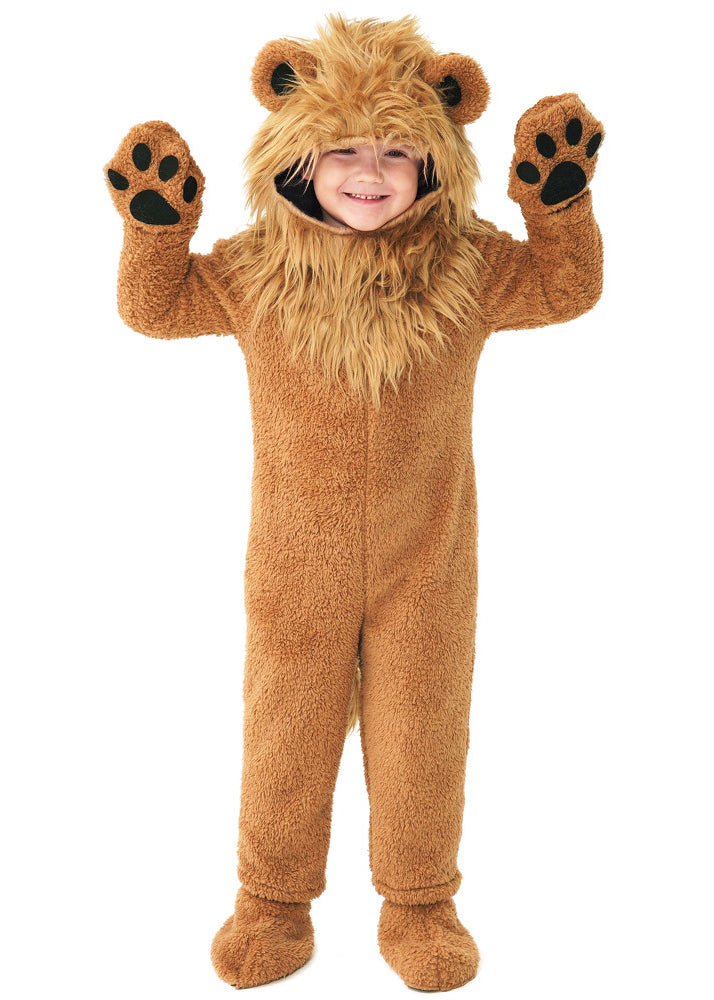 Child wearing plush lion costume with golden mane hood and tail
