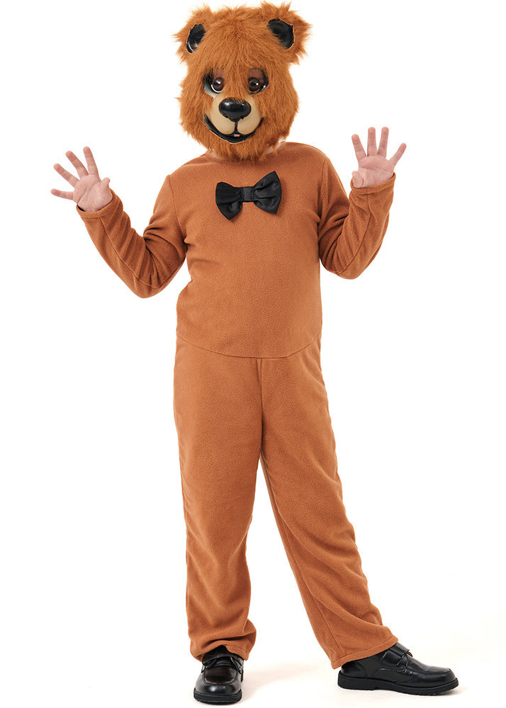 Child wearing caramel brown bear costume with black bow tie and smiling mask