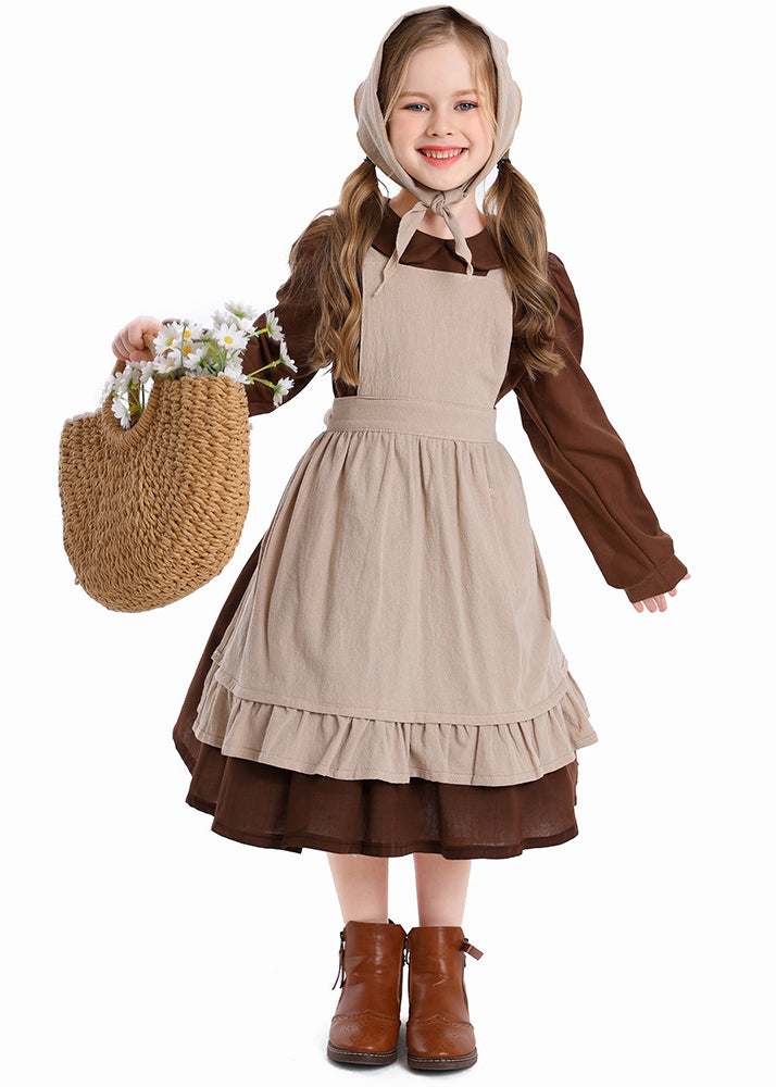 Kids prairie girl costume with brown dress, beige apron, and bonnet scarf