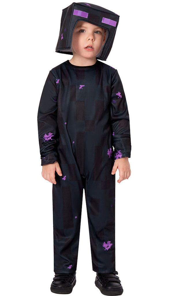 Kids black jumpsuit with purple pixel graphics and cube headpiece showing front view