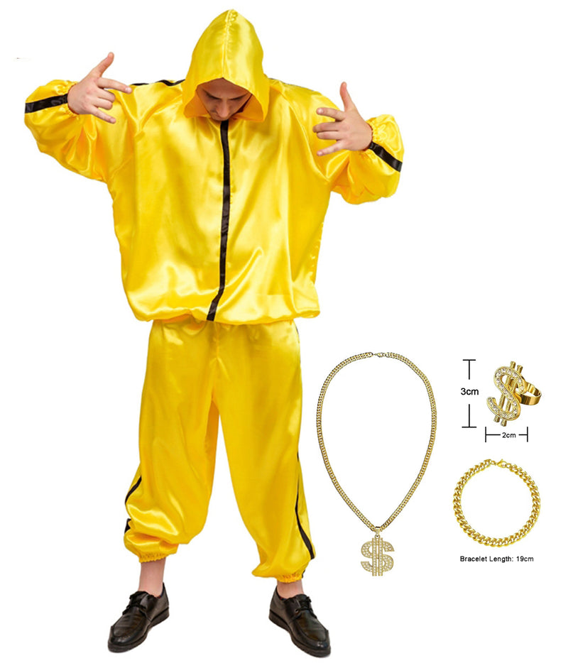 Adult yellow satin tracksuit costume with hood and black side stripes, front view