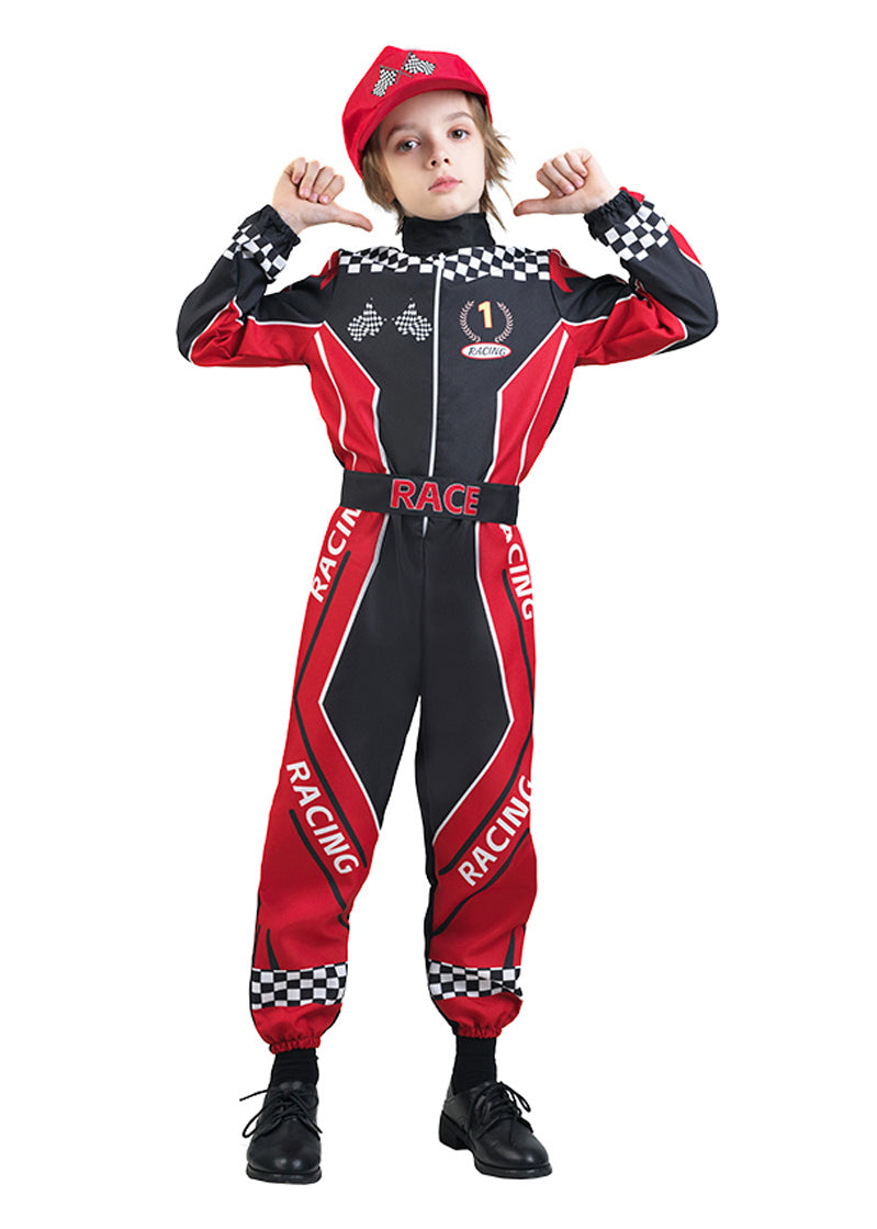 Child wearing black and red race car driver jumpsuit with checkered flag trim and racing cap