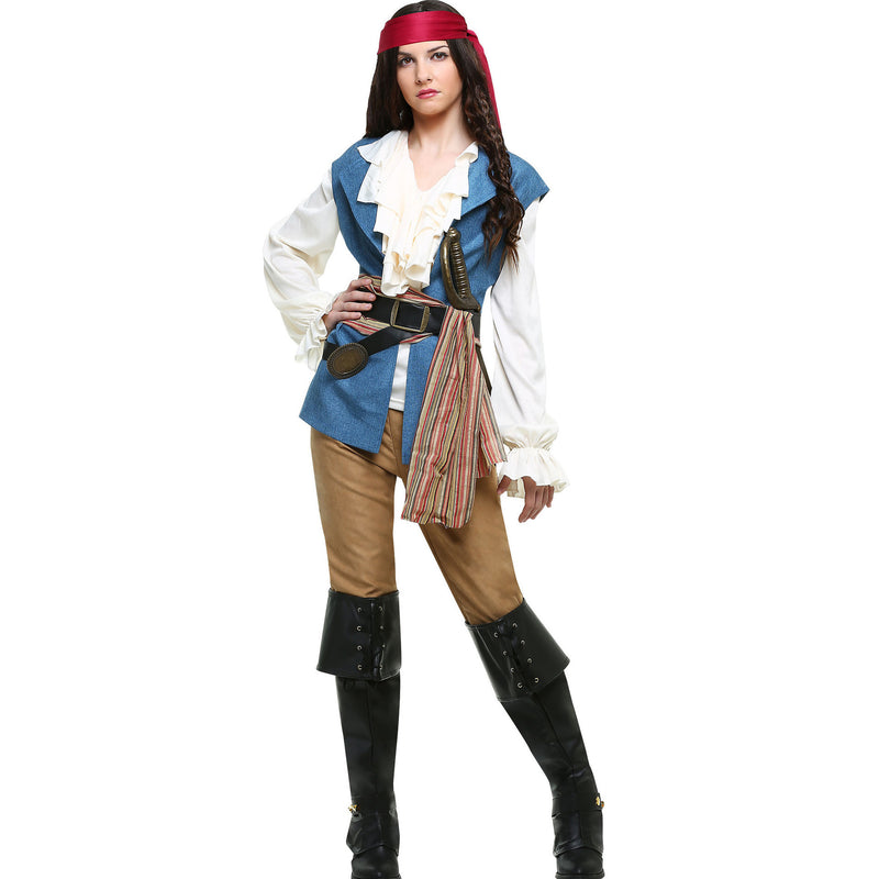 Women's blue and white pirate costume with vest, ruffled shirt, pants, belt, sash, boot covers and red headscarf