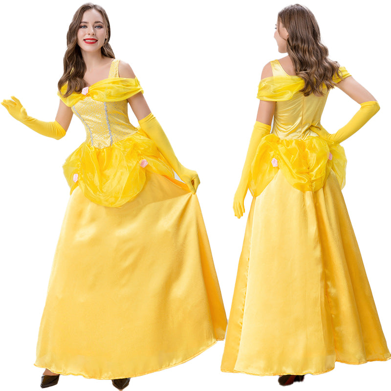 Women's yellow ball gown costume with off-shoulder bodice and layered skirt front view