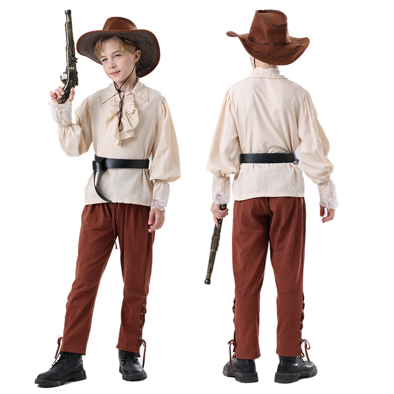 Kids cowboy costume with cream shirt, rust pants, black belt and brown hat on white background