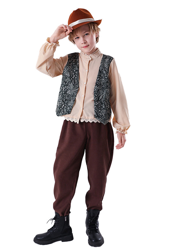 Kids pioneer boy costume with cream lace-trimmed shirt, patterned vest, and brown fedora hat for Book Week