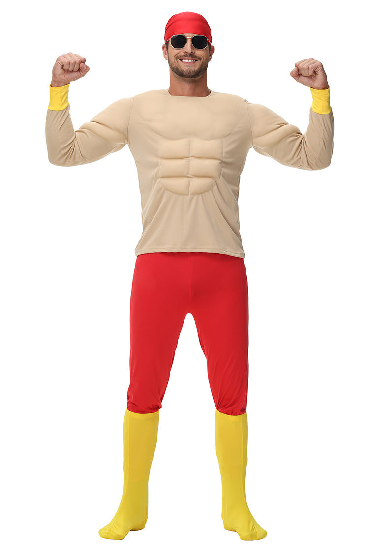 Kids muscle man costume with padded chest and abs, red pants and yellow boot covers