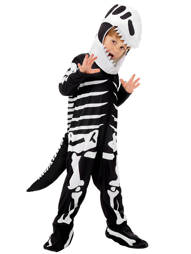 Child wearing black skeleton dinosaur jumpsuit with white bone print and 3D skull headpiece front view