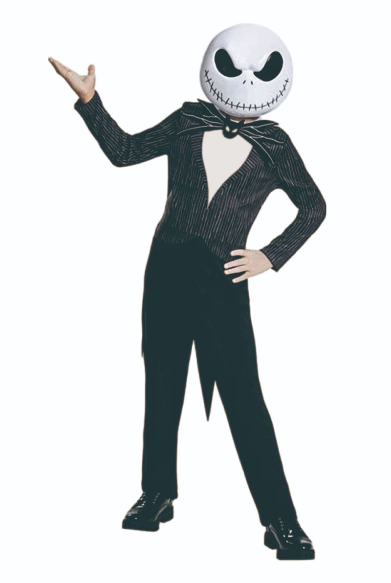 Child wearing black pinstripe skeleton king jumpsuit with bow tie and character mask