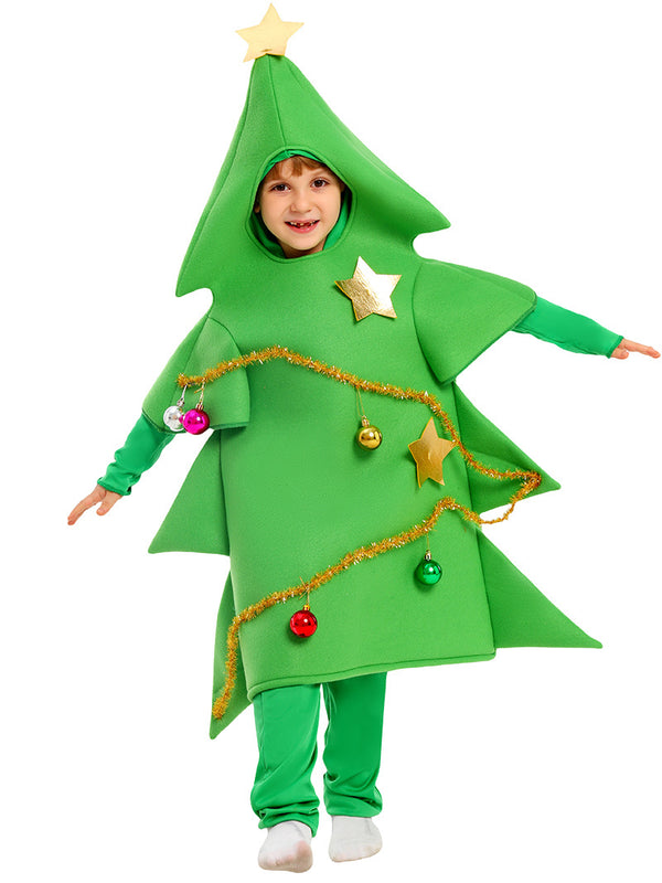 Kids Christmas tree costume with green tunic, hood with star topper, and hanging baubles