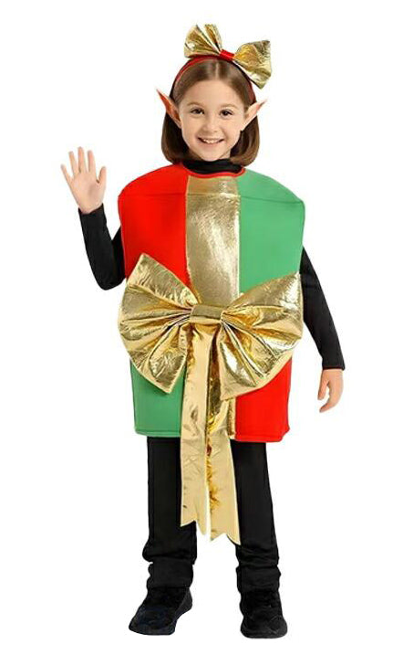 Child wearing red and green Christmas gift box costume with gold bow, front view